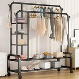 Multi-Functional Double Rod Metal Garment Rack with Side Shelves & Wheels