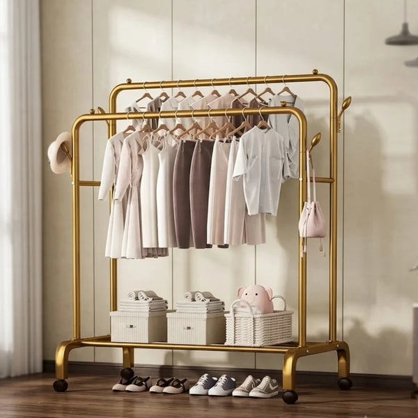 Double Rod Metal Clothes Rack with Wheels