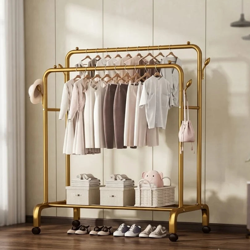 Double Rod Metal Clothes Rack with Wheels