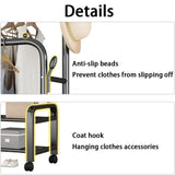 Multi-Functional Double Rod Metal Garment Rack with Side Shelves & Wheels