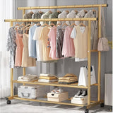 Heavy-Duty Clothes Organizer Stand with Dual Hanging Rods & Shoe Grid Shelves
