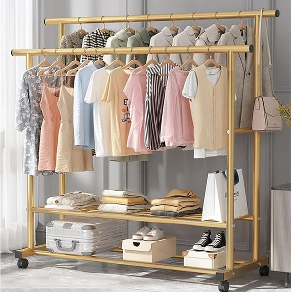 Heavy-Duty Clothes Organizer Stand with Dual Hanging Rods & Shoe Grid Shelves