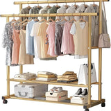 Heavy-Duty Clothes Organizer Stand with Dual Hanging Rods & Shoe Grid Shelves