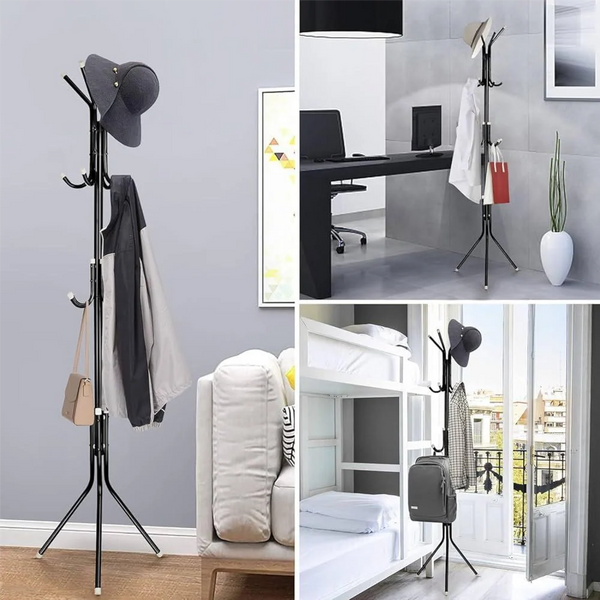 Modern Metal Standing Coat Hanger Rack with 12 Hooks & Tripod Base