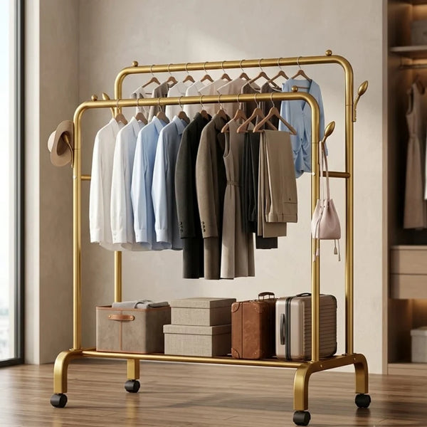 Double Rod Metal Clothes Rack with Wheels