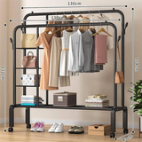 Multi-Functional Double Rod Metal Garment Rack with Side Shelves & Wheels