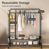 Multi-Functional Double Rod Metal Garment Rack with Side Shelves & Wheels