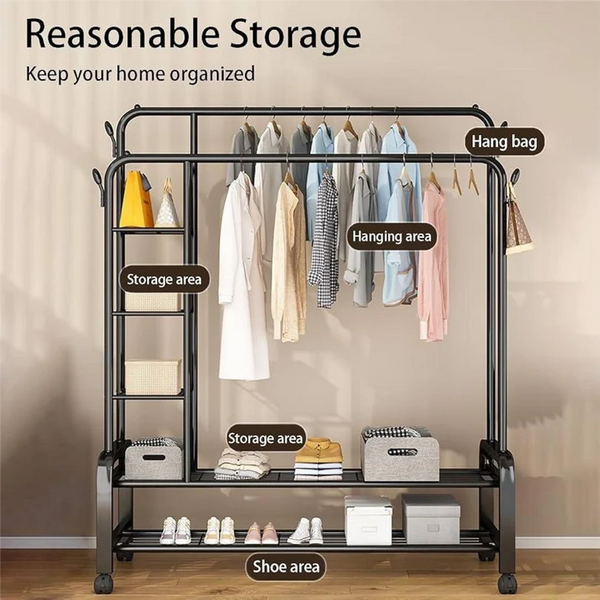 Multi-Functional Double Rod Metal Garment Rack with Side Shelves & Wheels