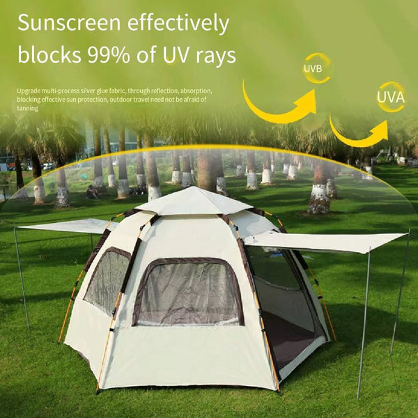 Portable Hexagonal pop up Family Camping Tent with Dual Sunshade Awnings 3.2*3.2m