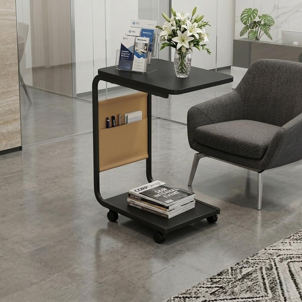 C-Shaped Bedside Coffee Table with Side Pocket & Wheels