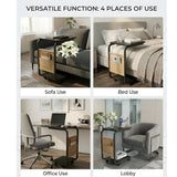 C-Shaped Bedside Coffee Table with Side Pocket & Wheels