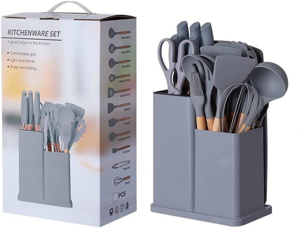 KITCHENWARE SET-19 PCS SILICONE UTENSILS WITH WOODEN HANDLES
