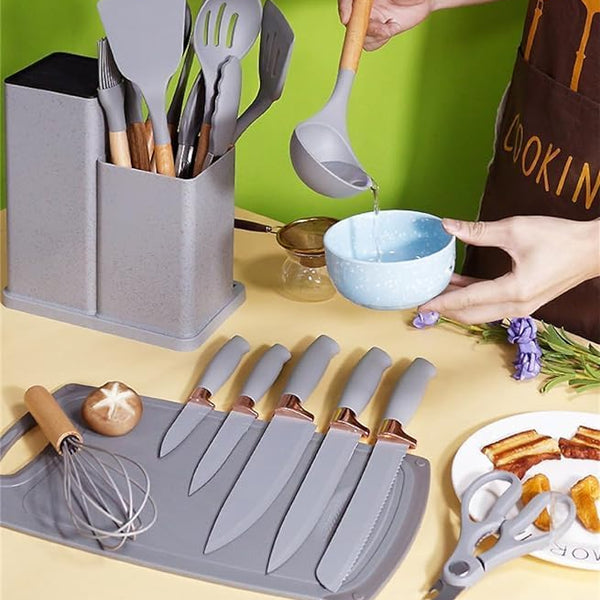 KITCHENWARE SET-19 PCS SILICONE UTENSILS WITH WOODEN HANDLES