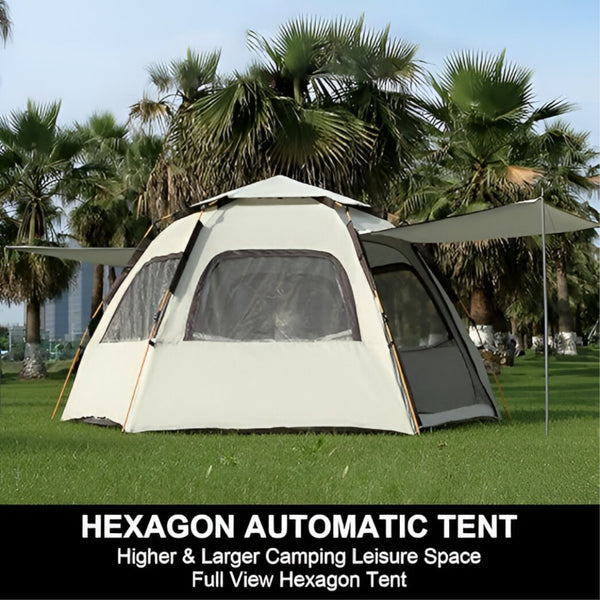 Portable Hexagonal pop up Family Camping Tent with Dual Sunshade Awnings 3.2*3.2m
