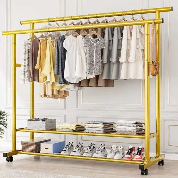 Heavy-Duty Clothes Organizer Stand with Dual Hanging Rods & Shoe Grid Shelves